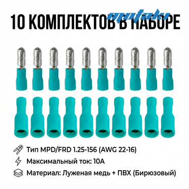 Клеммы папа и мама круглые (бирюзовые MPD / FRD 1.25-156, AWG 22-16)