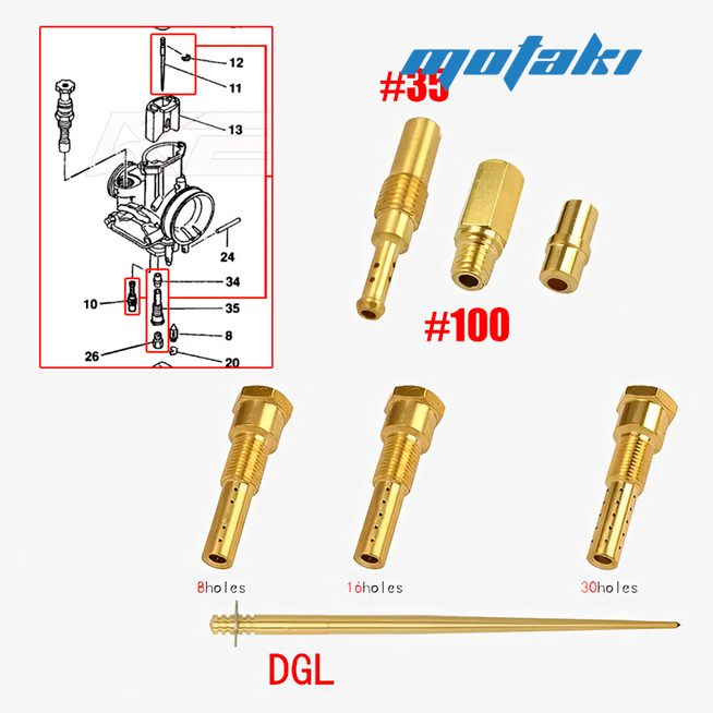 Ремкомплект карбюратора PWK (Needle Jet, 3 держателя 8-30H, ГДС100, ХХ35, игла)