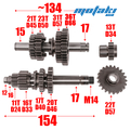 Коробка передач на питбайк YX140/150/160 двигатель W063/W150-2/W150-5/W160-2 (валы КПП в сборе c доп. шестернями)