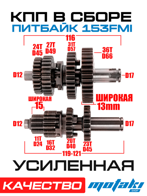 Коробка передач УСИЛЕННАЯ на питбайк TTR125 (валы КПП в сборе двигатель 153FMI)