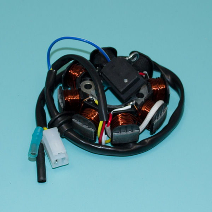 Зажигание скутер 4-х т. 50-80 куб.см. (статор 8 катушек, штекер 2к и 2 провода) Ж-Б-КрЧ-СиБ