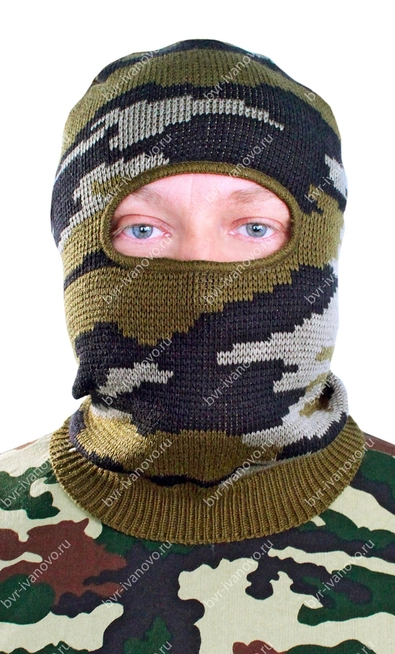 Подшлемник балаклава Демисезон / Зима (зеленый камуфляж, вязаная, 1 отверстие, Россия)