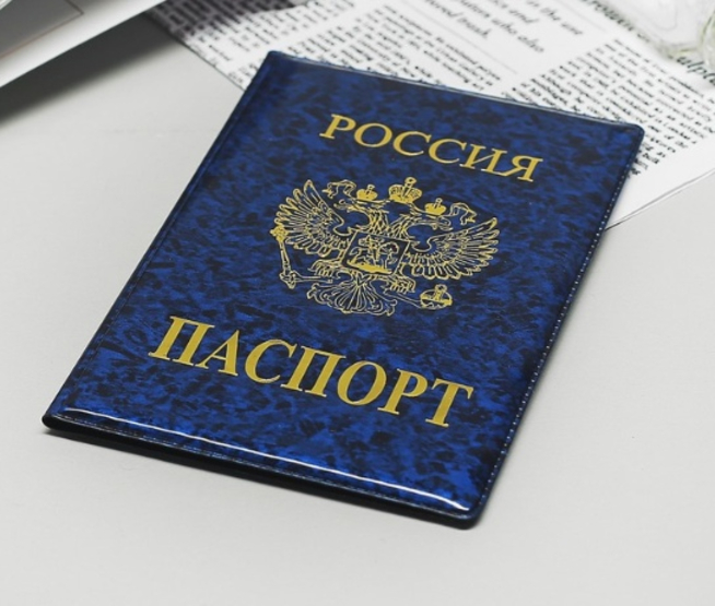 Обложка на паспорт с ЗОЛОТЫМ ГЕРБОМ (синий градиент)