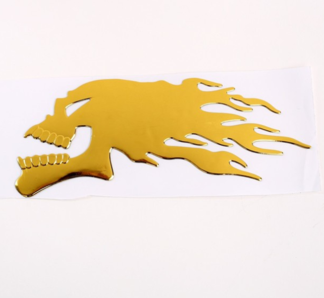 Наклейка Огненный ЧЕРЕП (золото, 3D гибкая, 150 x 60 мм.)