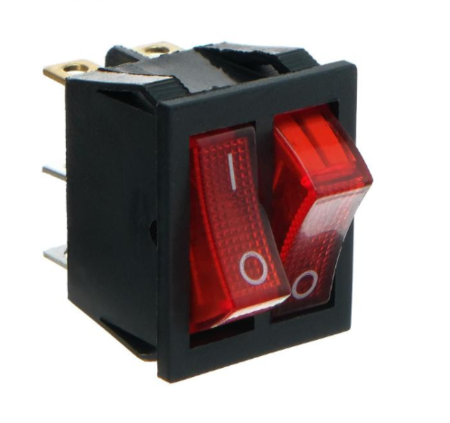 Выключатель клавишный ДВОЙНОЙ с подсветкой (квадратный красный 25 х 30 х h30 мм.)