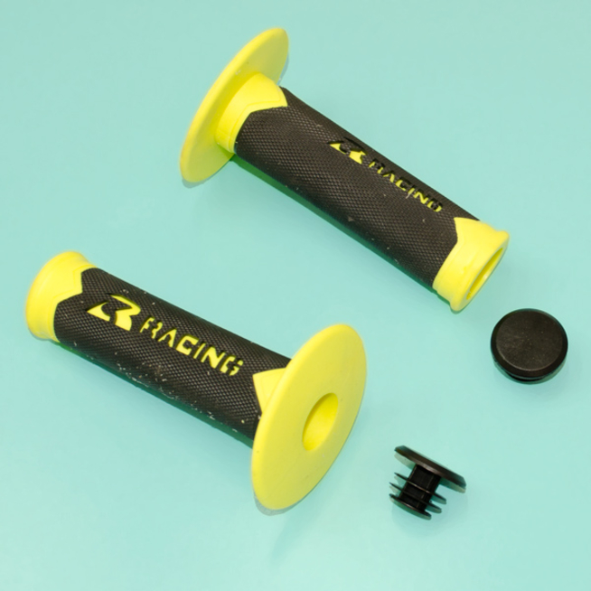 Ручки руля Racing (грипсы желтые на руль 22 мм., пластиковые заглушки)