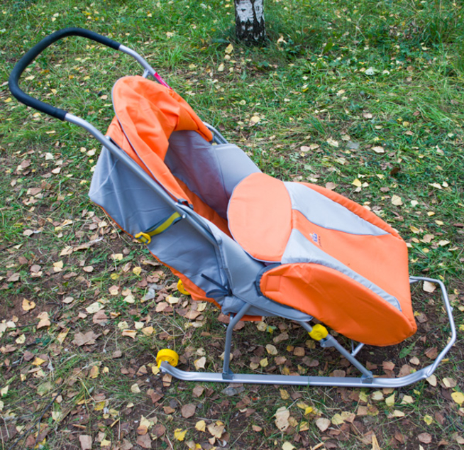 Санки-коляски детские Тимка Т2К Комфорт (оранжево-серые, с колесами)